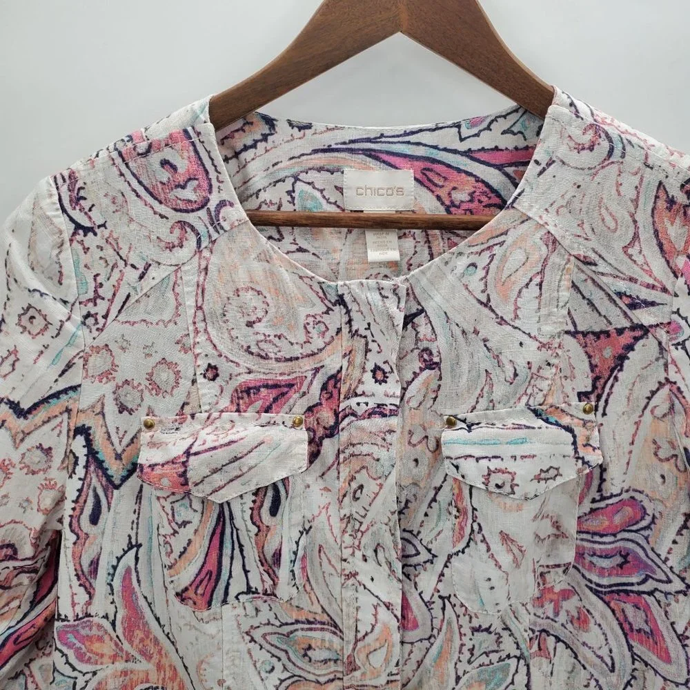 Chico's Womens Paisley Print Zip Up Linen‎ Jacket Size 1 (M) 3/4 Sleeve Career